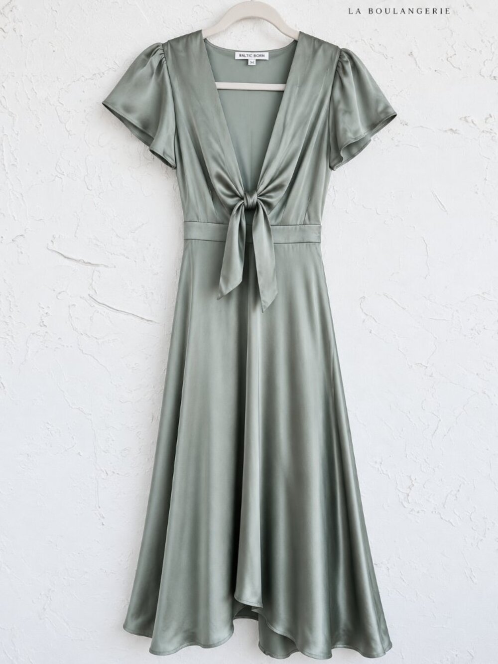 Soft Glamour Baltic Born Poppy Sage Satin Tie Front Midi Dress XS Feminine